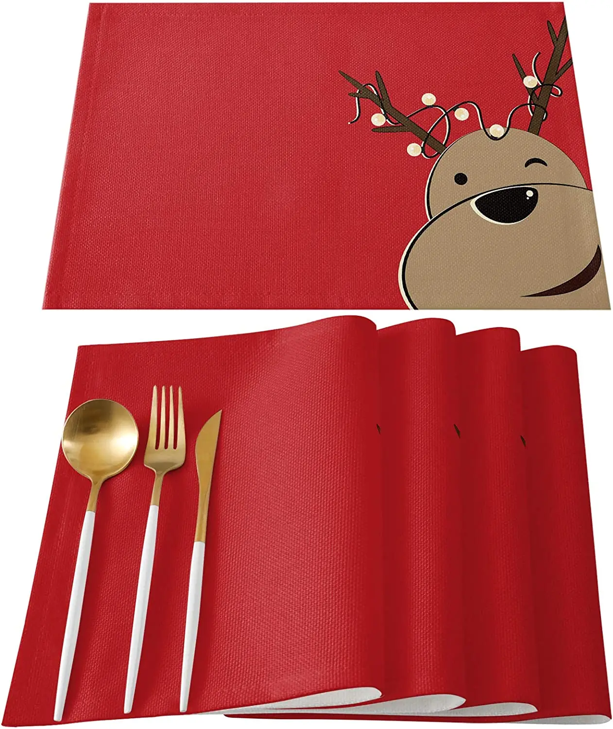 

Placemats Set of 4 Christmas Red Reindeer Non Slip Place Mats Washable Place Mats Heat Resistant Dining Kitchen