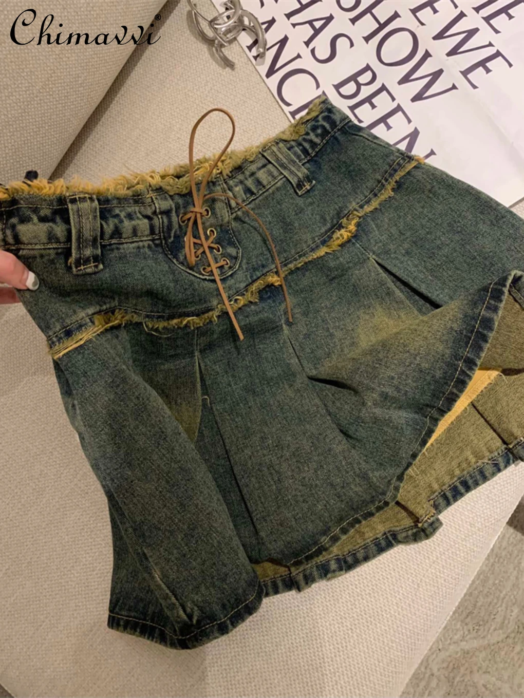 

Fashion Design Rope Denim Skirt 2023 Autumn New Fashion High Waist Slimming Skirt Hot Girl A- Line Pleated Skirt Above-knee