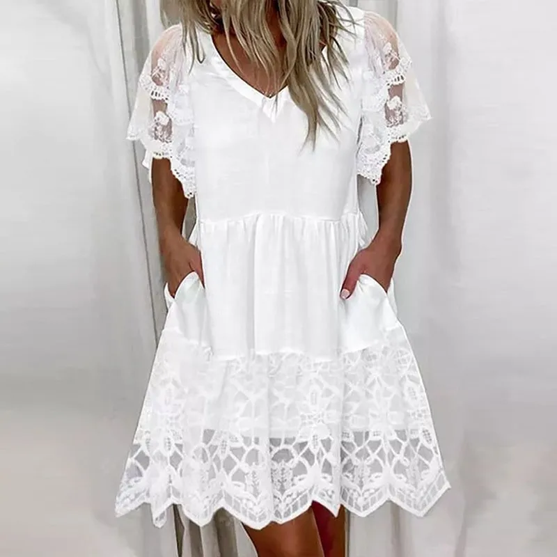 European and American spring/summer 2023 fashion new cotton V-neck lace short sleeves casual elegant women's dress