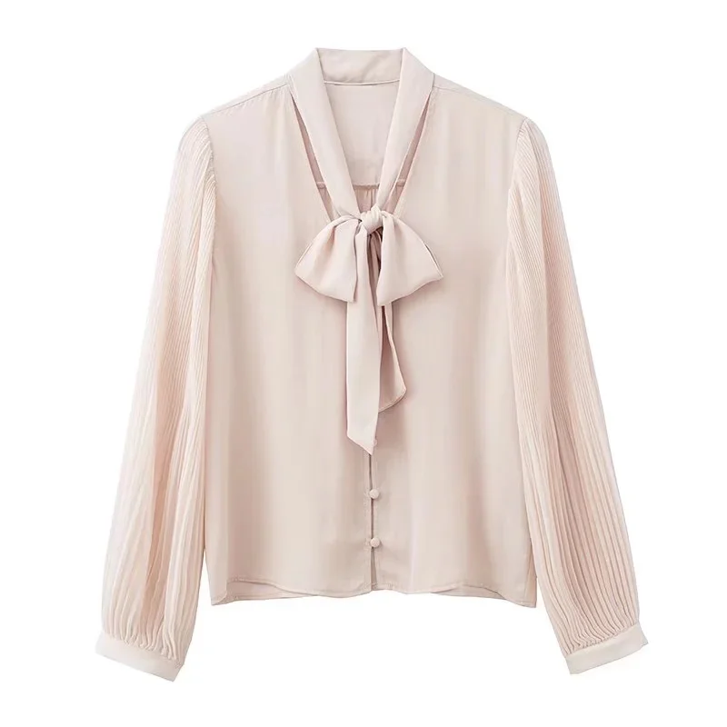 

PUWD Women Apricot Bow Knot Shirts 2022 Spring Fashion Ladies Long Sleeve V Neck Breasted Shirt Tops Girls Sweet Folds Shirts