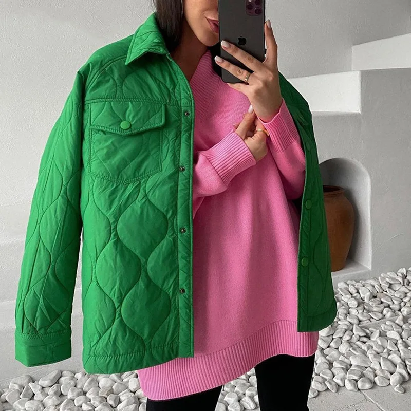 2021 Spring Autumn Women Oversize Vintage Green Pink Parka Coat Casual Lapel Warm Loose Long Winter Cotton Jacket Outwear Female