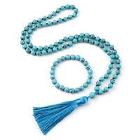 8mm natural blue stone beaded knotted 108 mala necklace bracelet japamala sets men women meditation yoga spirit energy jewelry