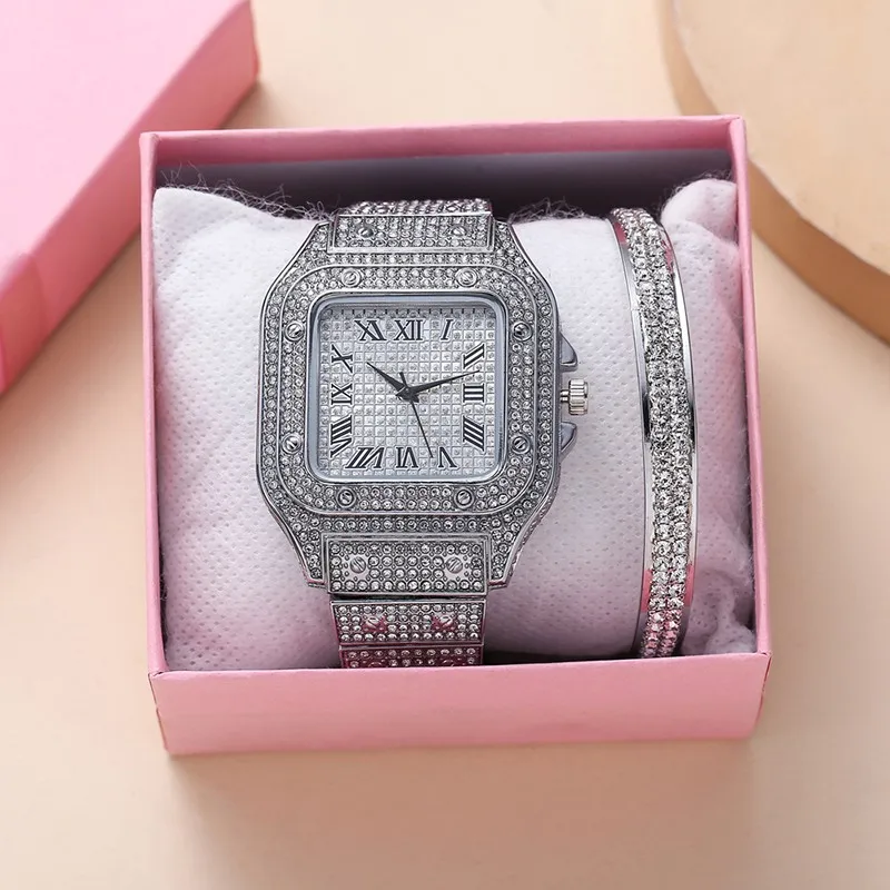 2PCS Set Luxury Square Full CZ Watch Women's Bracelet Fashion Watch Women's Casual Women's Watch Bracelet Set Clock