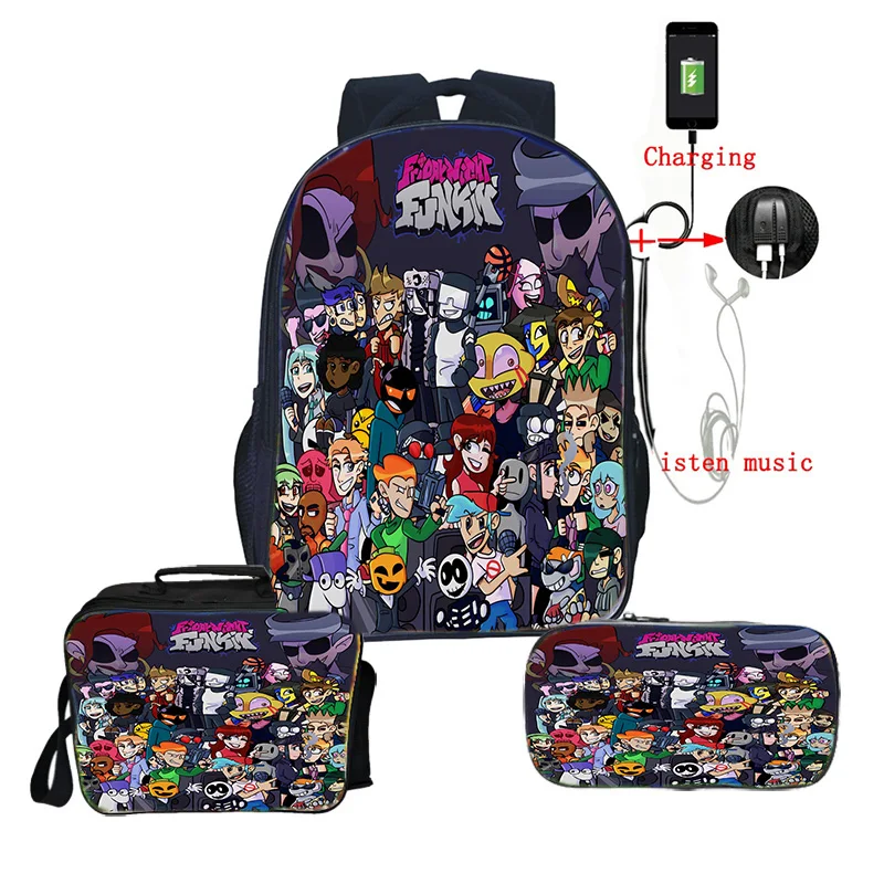 

Cartoon Friday Night Funkin Backpack for Teens Fnf Bookbags USB Charging School Bags Girls Boys Travel Rucksack Cute Lunch Box