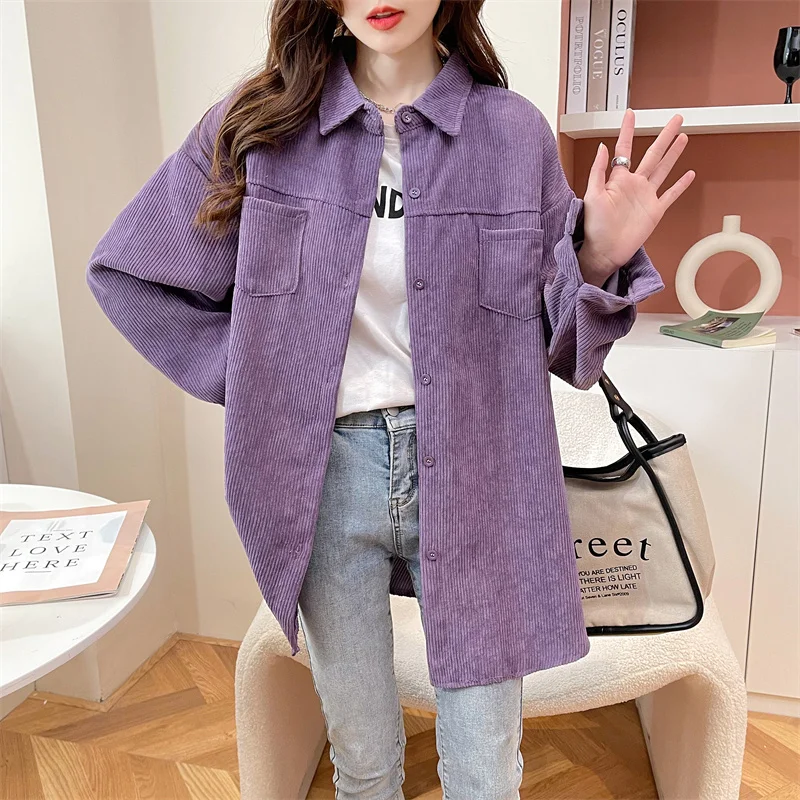 

Vintage Single Breasted Corduroy Shirts Women Spring Autumn Casual Bf Long-sleeved Blouses Female Loose Blusa Tops Mujer