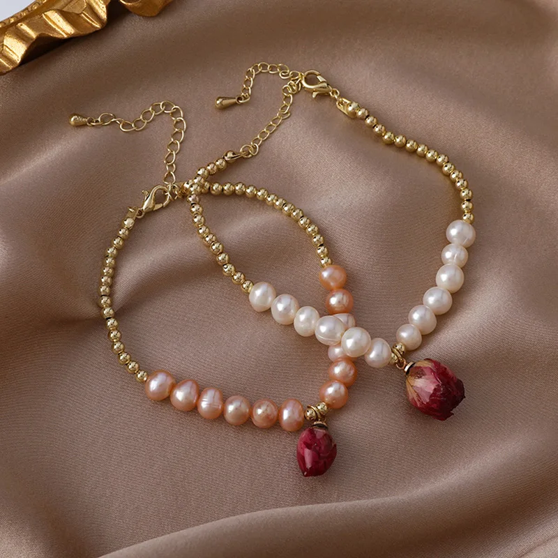 

Vintage Fashion Natural Pearl Rose Design Beaded Bracelets Women Hot Stainless Steel Charm Bracelet Pendant Jewelry Accessories