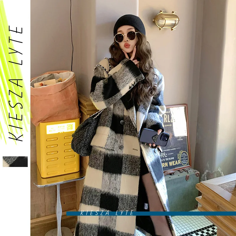 

Новое черное белое шерстяное пальто в клетку для женщин 2023, осенне-зимнее элегантное женское пальто средней длины, верхняя одежда