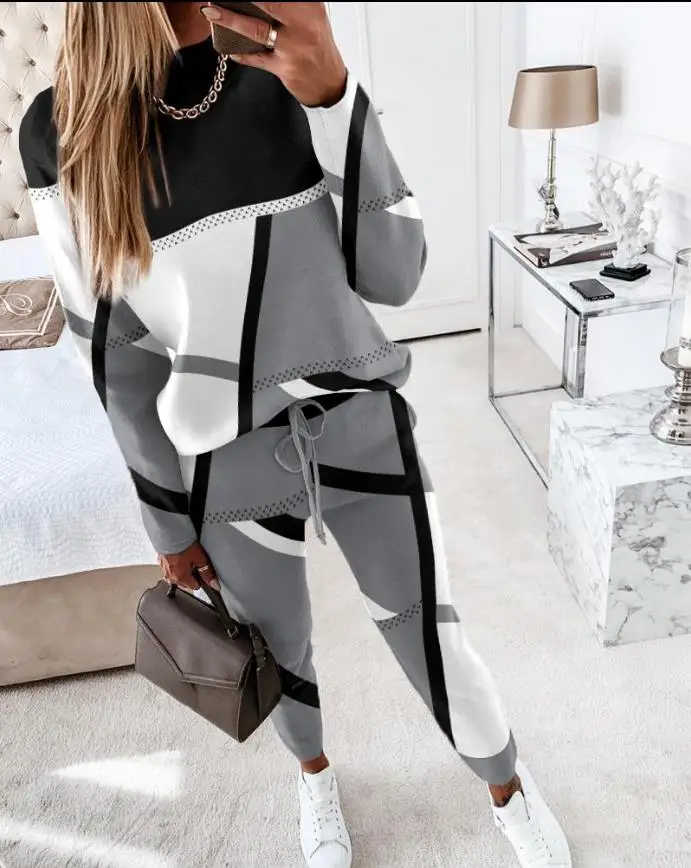 

New Autumn Women's Jogger Suit Casual Geometric Print Long Sleeve Pullover Tops & Fashion Pencil Pants 2PCS Outdoors Set