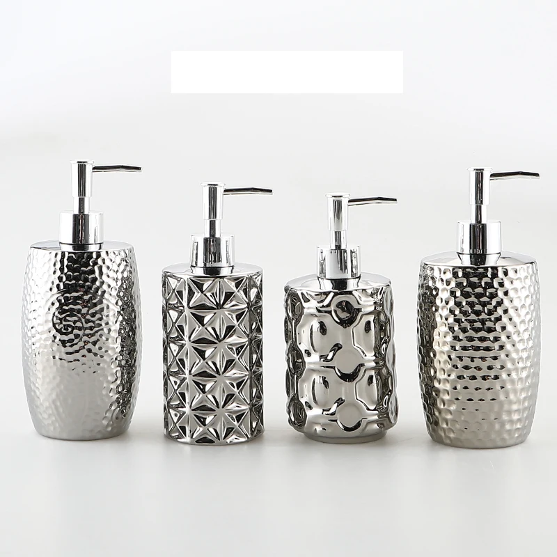 

Серебристая керамическая бутылка для лосьона для отеля, дома, геля для душа, шампуня, увлажняющая бутылка, пресс, отдельная бутылка, украшение для ванной комнаты