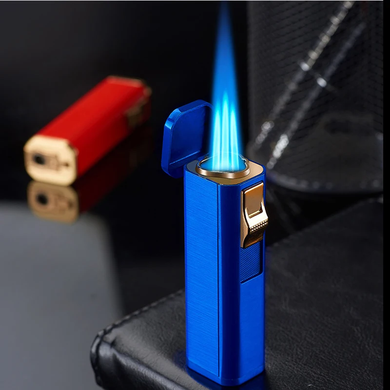 

Three Straight Butane Gas Windproof Lighter High Temperature Small Welding Torch Blue Flame Cigar Moxibustion Spray Gun Lighter