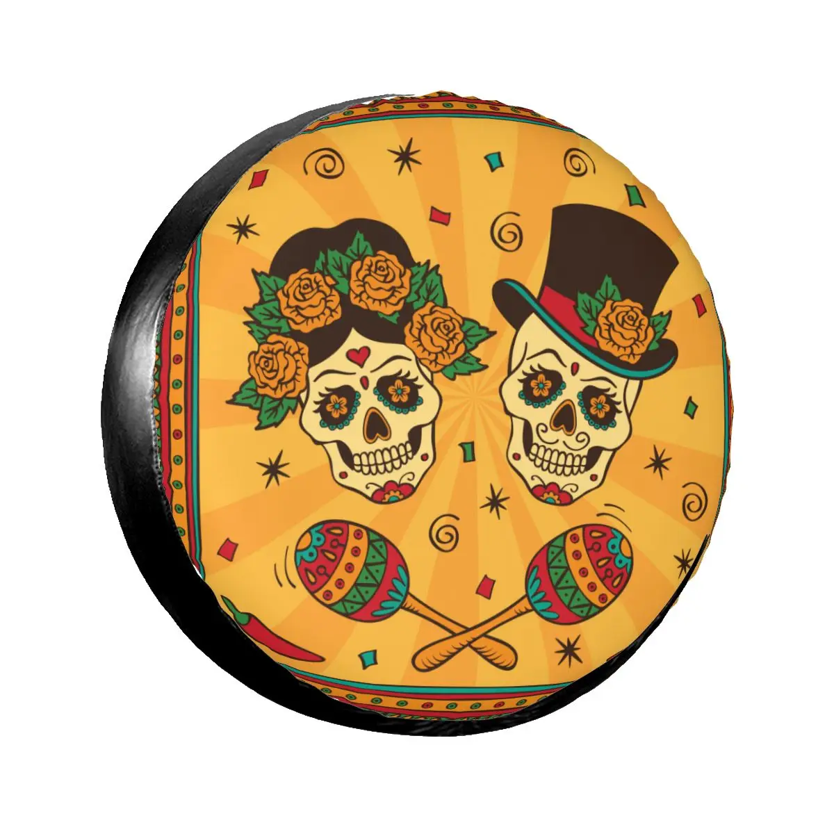 

1pcs Universal Car Spare Tire Cover Case Auto Wheel Tire Mexican Sugar Skulls With Maracas Vehicle Tyre Waterproof Polyester Bag