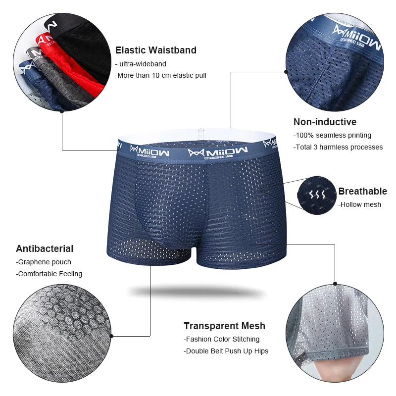 MiiOW 3Pcs Sexy Mesh Men Boxer Underwear Graphene Antibacterial Male Panties Ice Silk Underpants Breathable 4XL Boxershort 2022