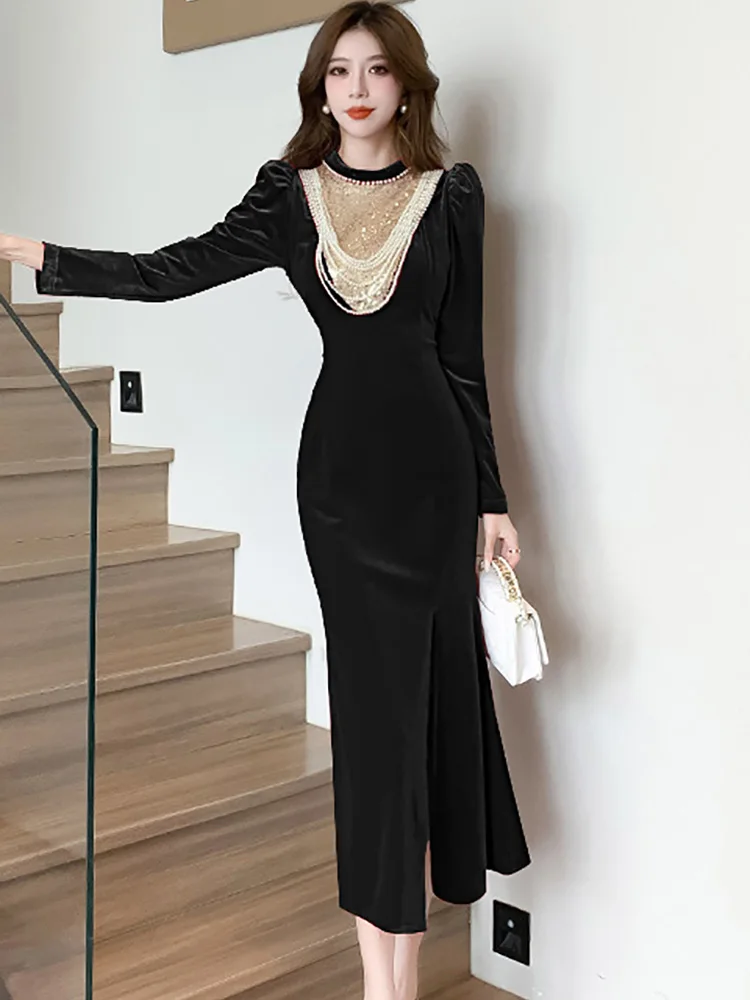 Женское красное бархатное лоскутное роскошное вечернее платье с бисером 2024