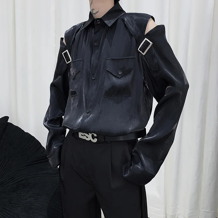 

Fashion Men's Black White Long Sleeve Satin Shirt Off The Shoulder Loose Top