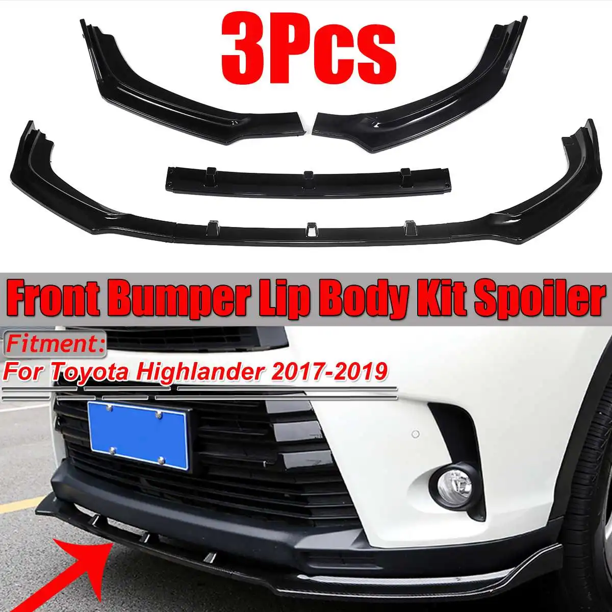 

Matte/Gloss Black 3Piece Car Front Bumper Splitter Lip Cover Diffuser Spoiler Body Kit For Toyota For Highlander 2017 2018 2019