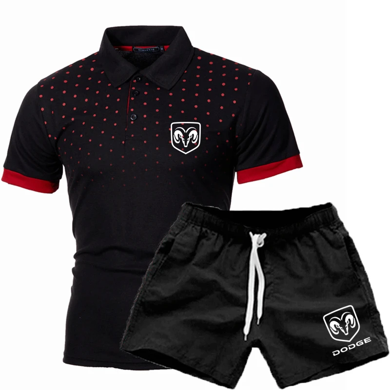 

New Dodge Brands Logo Print Handsome Polo-shirt Set Customizable Logo Men Short Sleeve Shorts 2-Piece Set Attracts Attention