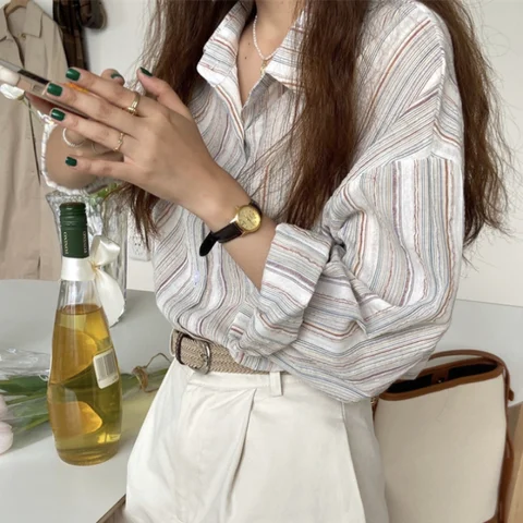 Shirts Women Loose Striped Fashion Vintage All-match Korean Style Tops Chic Sun-proof Streetwear Spring Temper Clothing Mujer