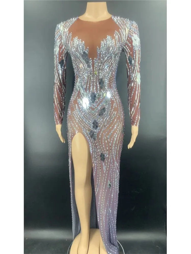 

Rhinestone Women Sexy Mesh Perspective Birthday Singer Stage Wear Dress