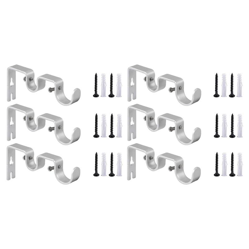 

6Pcs/Set Curtain Rod Brackets Heavy Duty Double Rod Holders Durable Metal Curtain Rod Wall Brackets With Screw Silver