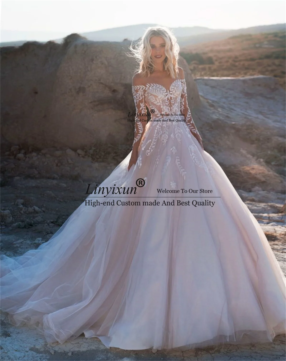 

Элегантное кружевное свадебное платье с аппликацией, с V-образным вырезом и длинным рукавом, женское платье со шлейфом на заказ, ТРАПЕЦИЕВИД...