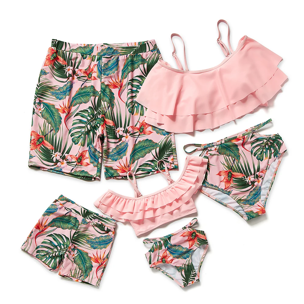 Summer Ruffle Floral Print Swimsuit Family Matching Outfits Swimsuits Color Block Family Look Swimwear 2023 New