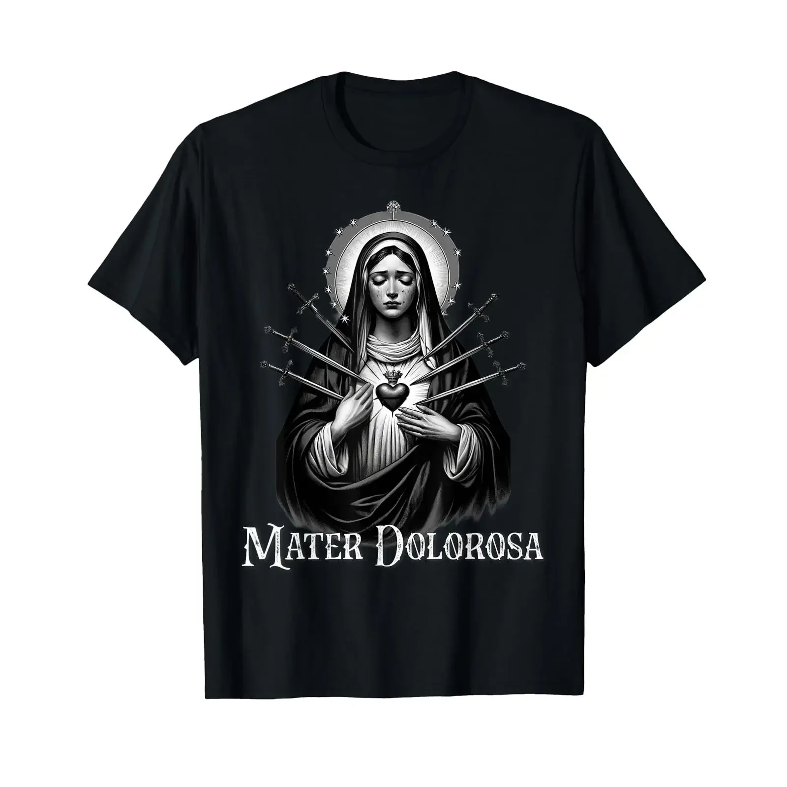 Фото Футболка Mater Dolorosa с изображением Богоматери Печали, винтажная, с эффектом потертости, в стиле стритвир, дышащая, повседневная, эластичная №1