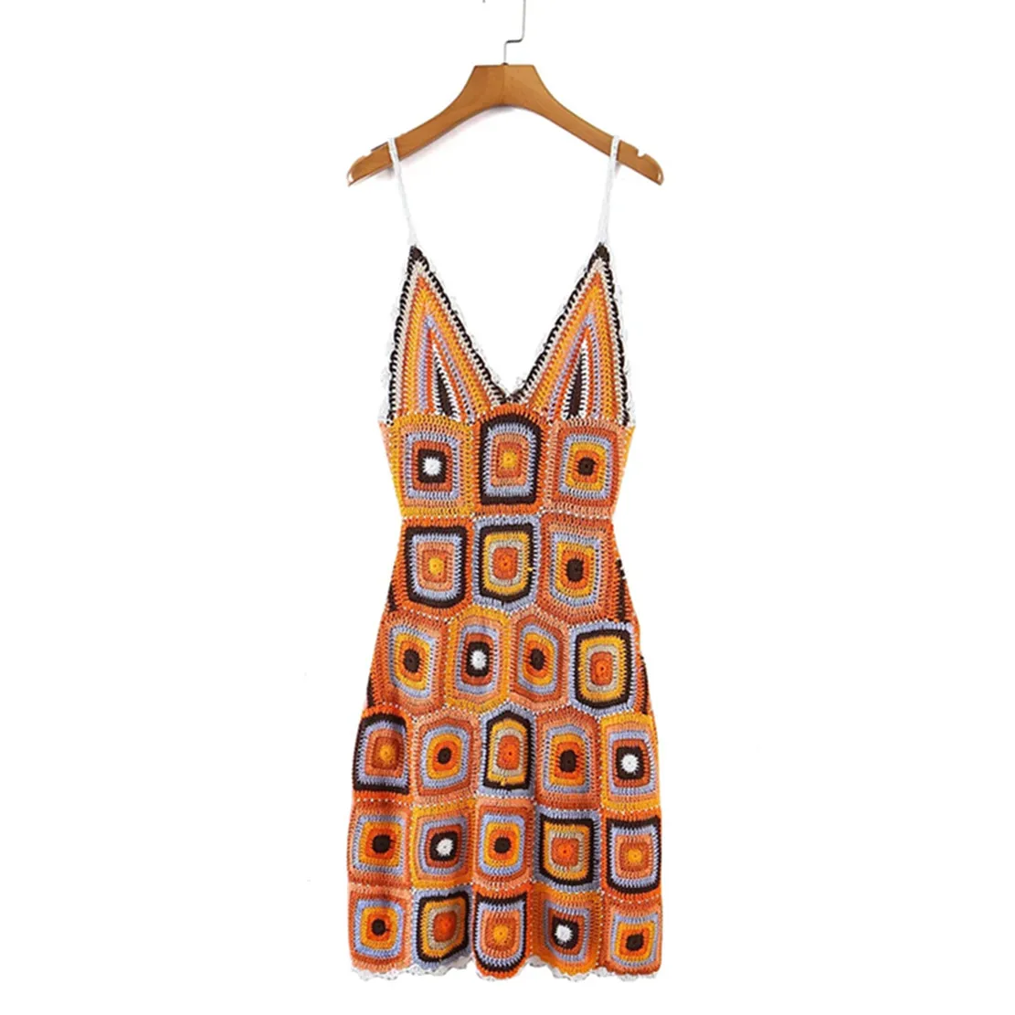 

Maxdutti Morocco Vintage Handmade Knitted Suspender Sexy Mini Dress Women 2022 Indie Folk Geometry Embroidery Dress