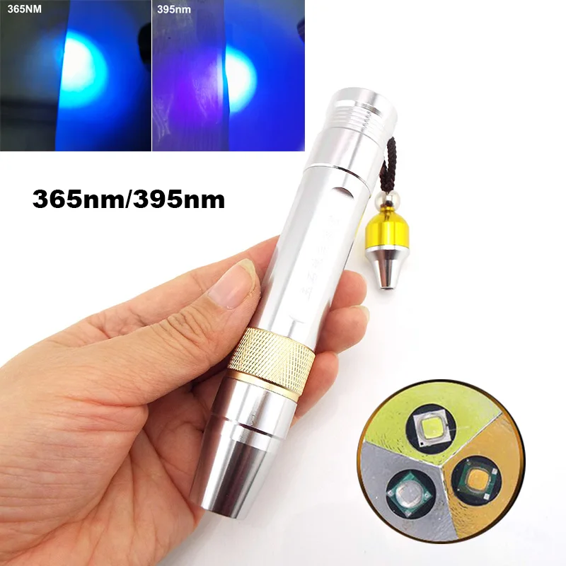 

3 in 1 UV 365nm 395nm Violet Led Flashlight White Yellow Light Torches Ultraviolet Jewelry Jade Stone Fluorescence Lamp
