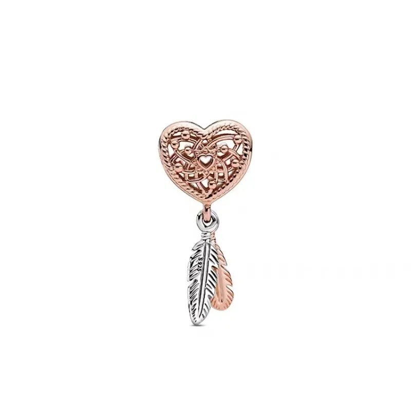 

2023 New Fashion Hollowed Out Love Double Piece Hanging Feather Dream Catcher Beaded 925 Silver Birthday Gift Women's Jewelry