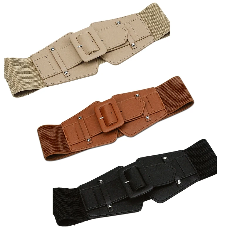 

68UA Women PU Leather Wide Waist Belts Skirts Jeans Belt with Retro Square Buckle