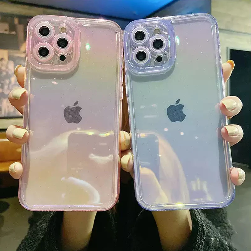 

Laser Rainbow Glitter Powder Clear Phone Case For iPhone 11 12 13 14 Pro Max XR XS 7 8 Plus Luxury Transparent Soft Bling Cover