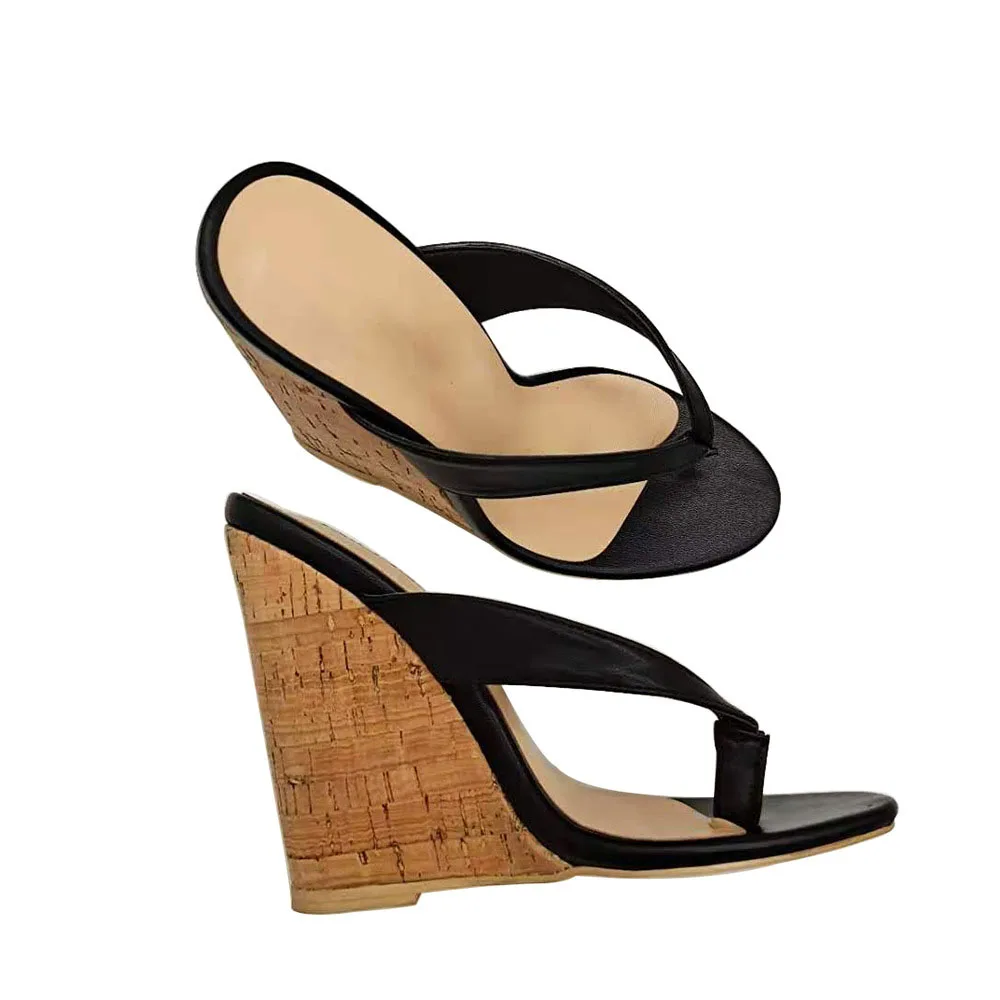 

Wedge Slippers Summer Shoes For Women Wood Grain Chanclas Round Toe Pantuflas Heighten Flip Flops High Heels Women's Zapato