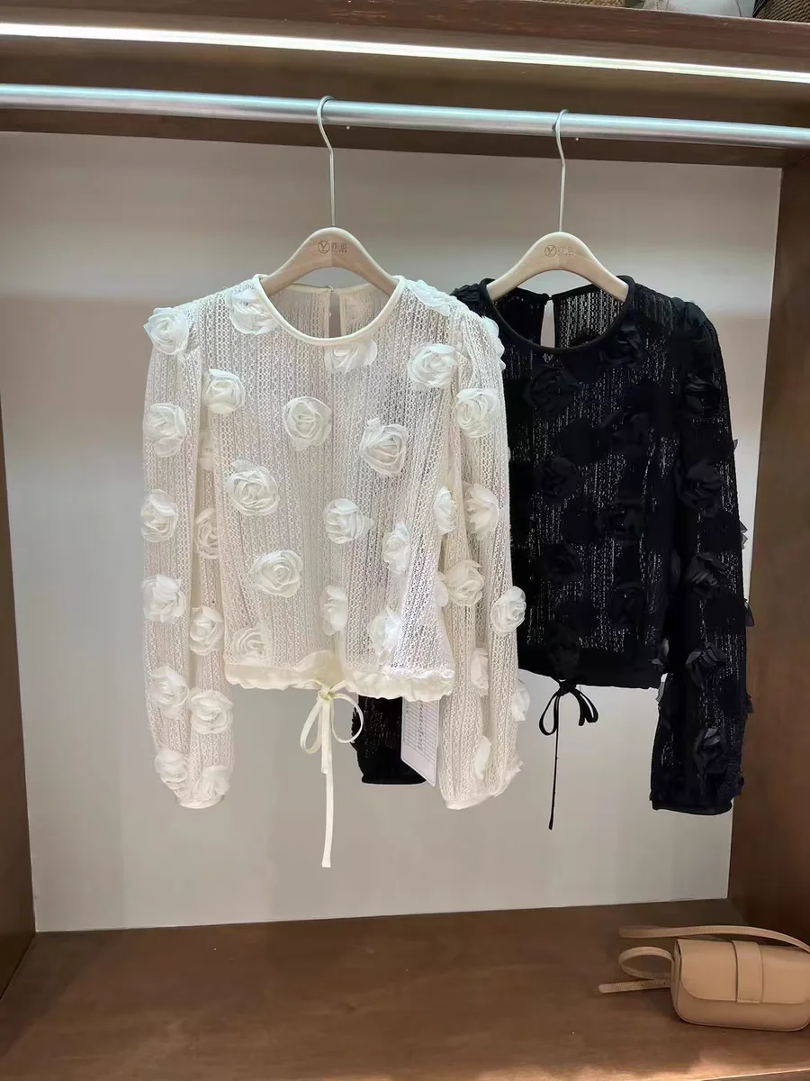 Французский элегантный розовый круглый вырез с длинными рукавами 24 осень и зима