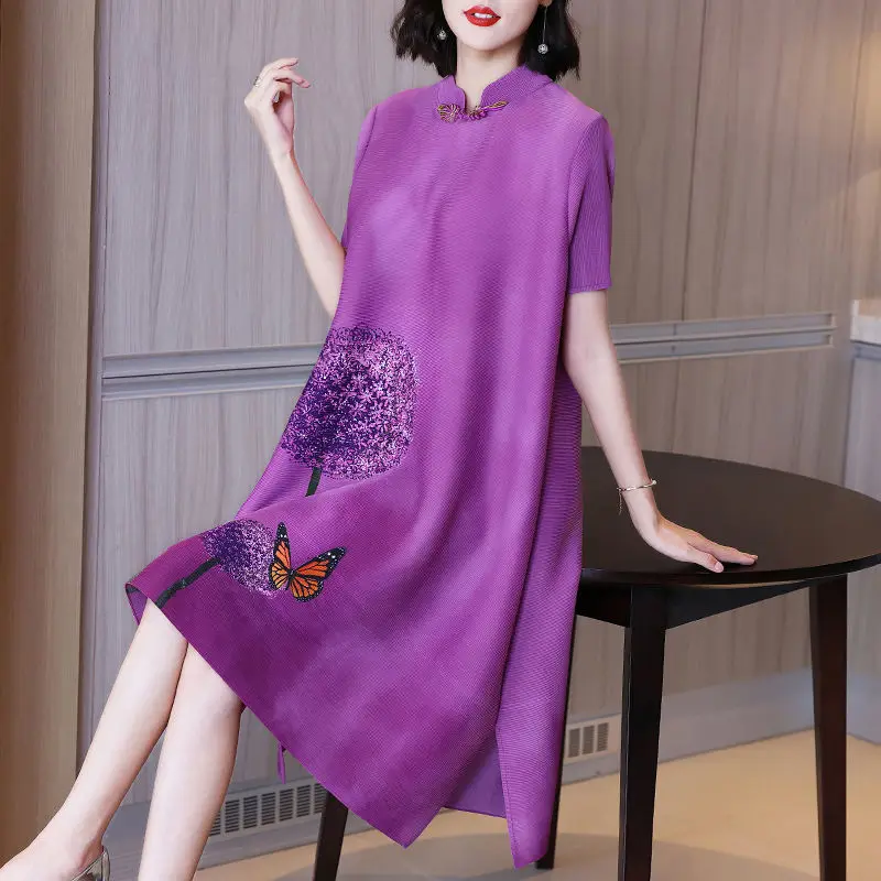 

China-style purple large size loose A word skirt 2022 new retro improvement version of the print pleated short sleeve dress