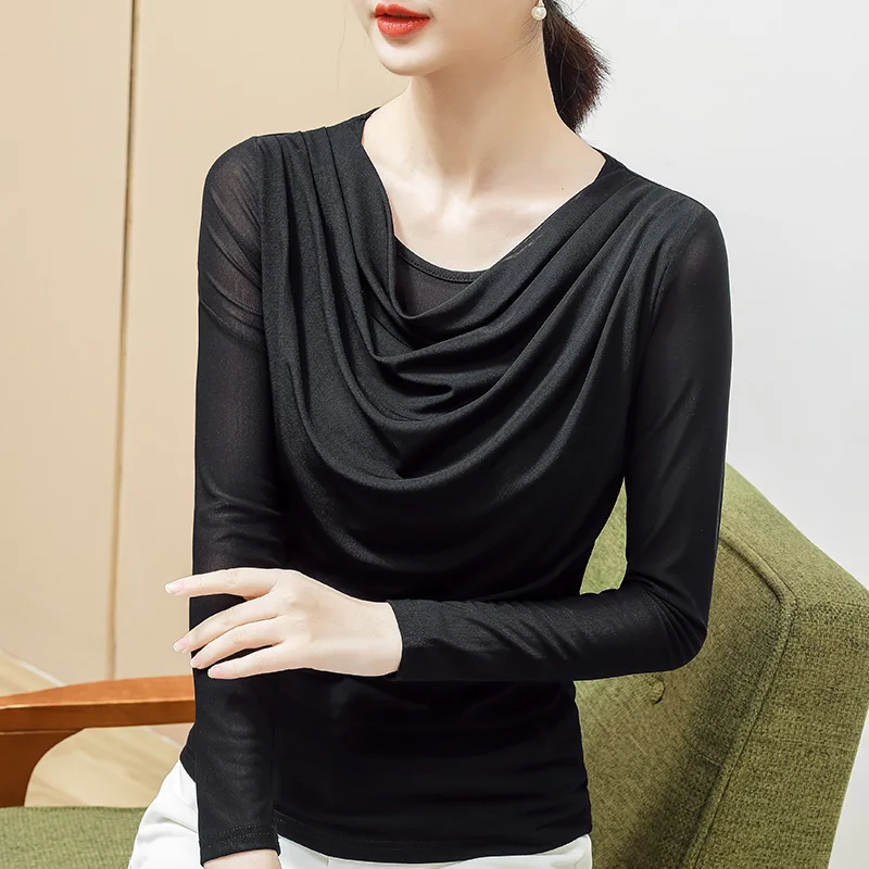 

TFETTERS Brand 2022 Spring T Shirts Woman New Gauze O-Neck Collar Bottoming Tshirt Thin Solid Color Pleated Slim Woman Tshirts