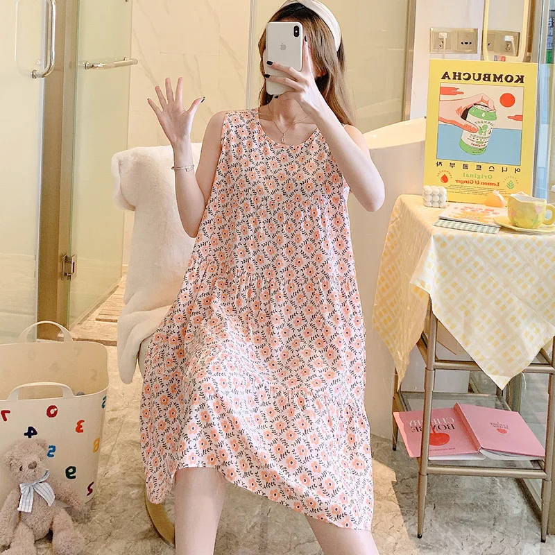 Womens Nightgowns Round Neck Pajama Dress Floral Sleepdress Nightshirt Tank Nightdress Sleeveless Sleepwear Casual Sleepshirt