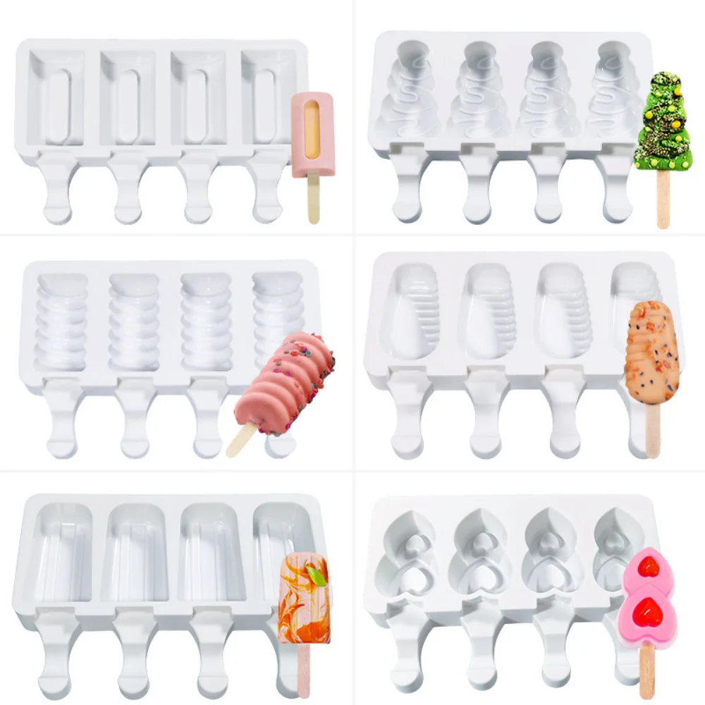 

4 Even Silicone Ice Cream Mold Round Heart Shape Silicone Popsicle Form Maker Chocolate Mould Ice Cube Tray for Party Bar