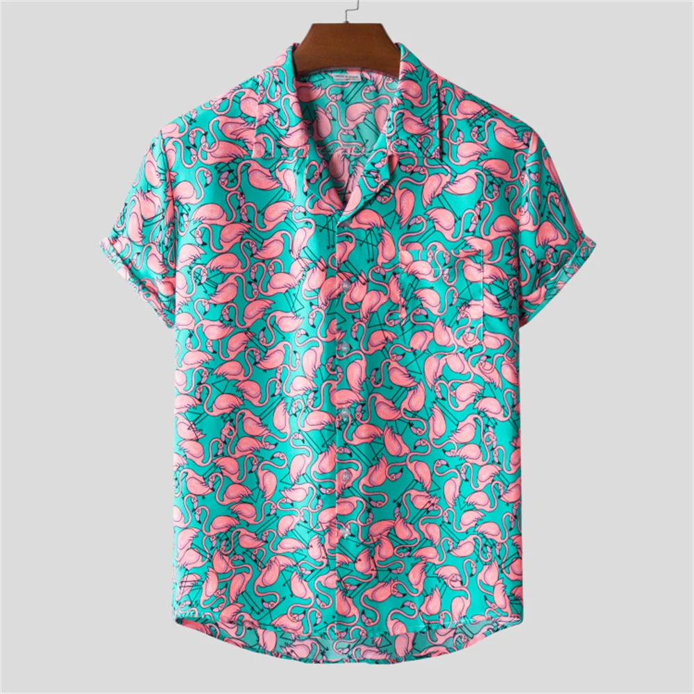 Hawaiian Flamingo Print Beach Shirts Seaside Vacation Quick-drying Clothes Loose Floral Tops Men's Short-sleeved Casual Blouse