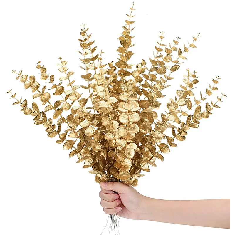 5pcs/Lot Artificial Gold Eucalyptus Branch Stem Artificial Plants for Autumn Home Decoration Wedding Flower Arrangement Greenery