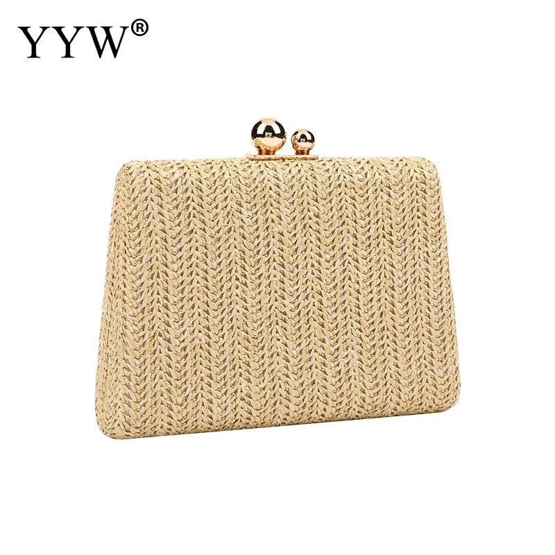 

Fashion Clutches Women Dinner Bag Retro Straw Weave Wedding Evening Clutch Purses And Handbags Knitted Metal Chain Shoulder Bags