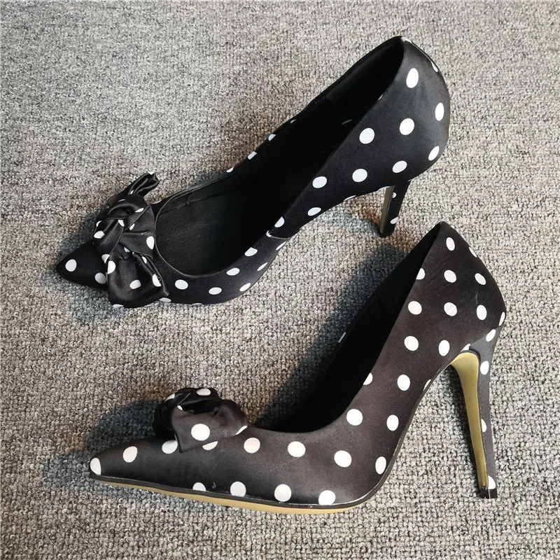 Sexy Bowtie Polka Dot Silk Pumps Women Black White Round Dot Pointed Toe Thin Heels Dress Single Shoes Wedding High Heels