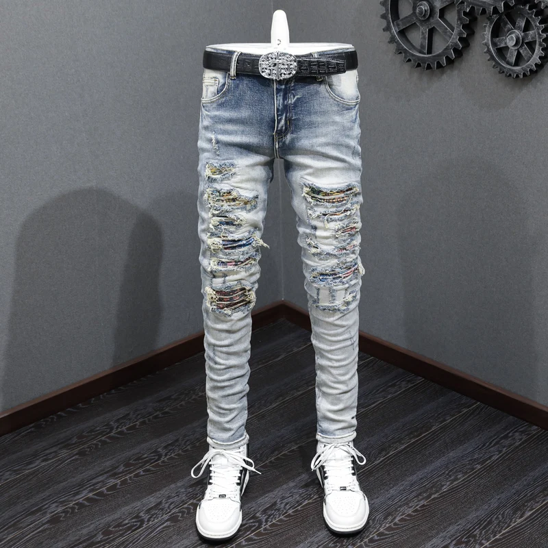 Street Fashion Men Jeans Retro Blue Patched Designer Elastic Stretch Broken Skinny Ripped Jeans Men Hip Hop Brand Pants Hombre