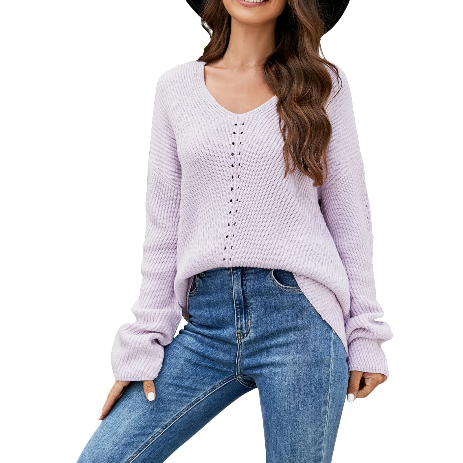 

Women'S V-Neck Casual Pullover Sweater Loose Long Sleeved Knitted Top Hoodies 2023 Harajuku Women Clothings Simple Sweatshirt