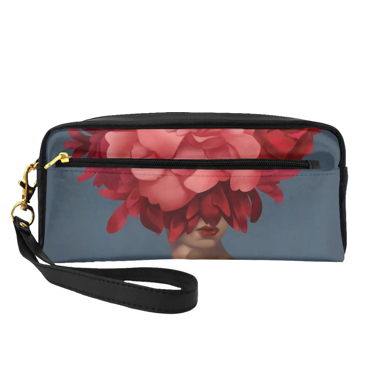 

Abstract Women Head Leather Storage Organizers Bouquet Red Flower Print For Makeups Pack Makeup Pouch Couples Cosmetic Bags