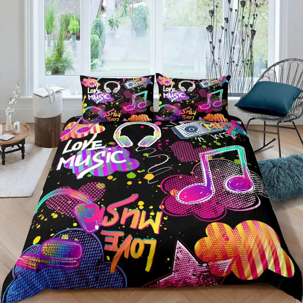 Music Note Duvet Cover Set Twin Size Rock Music Theme Comforter Cover Boys Girls Headphones Radio Bedding Set Luxury Microfibe