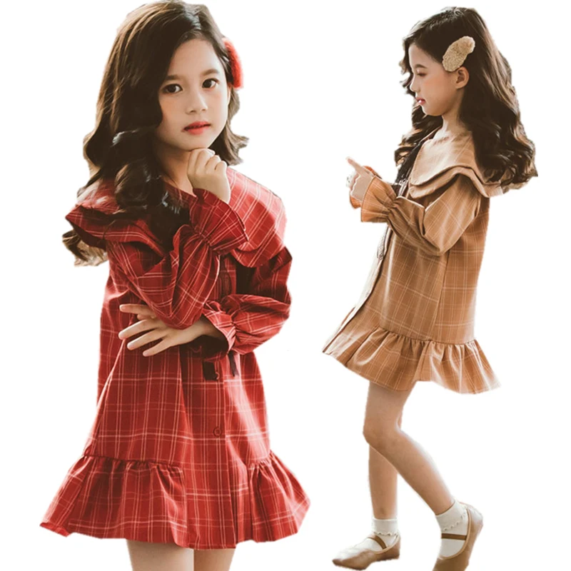 

Preppy School Girl Plaid Ruffle Collar Dress For Girls Spring 2022 Baby Children Long Sleeve Cotton Dress Teens Kids Clothes