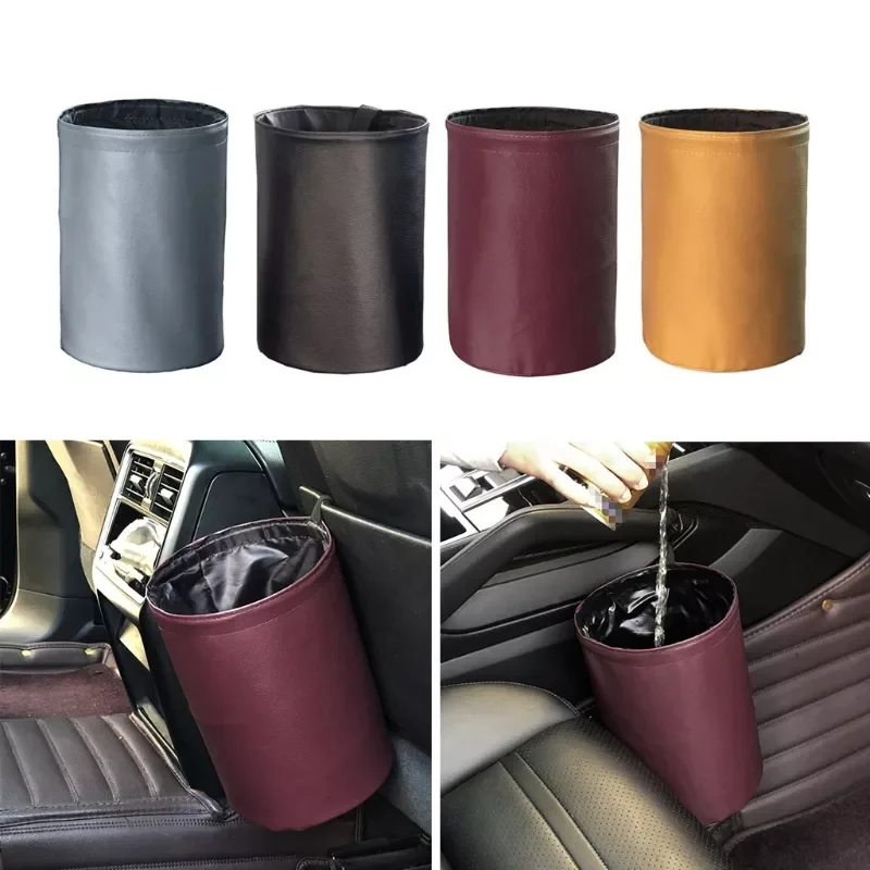 

Car Waterproof Trash Cans Compression Folding Basket Mini Hanging Storage Bin Multifunctional Leather Trash Can for Cars