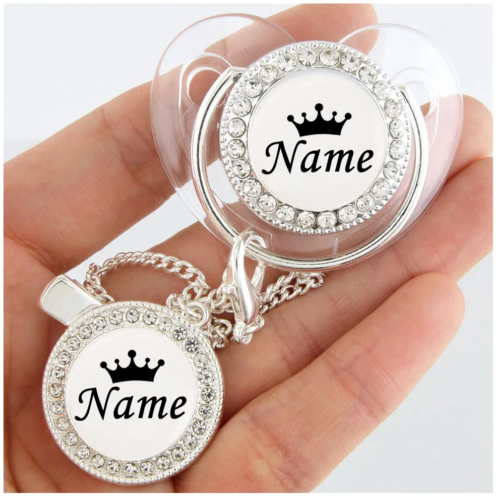 0-18 Month Luxury Custom Baby Pacifier Personalized Any Crown Name BlingBling Pacifier With Chain Clip Chupete BPA Free Dum