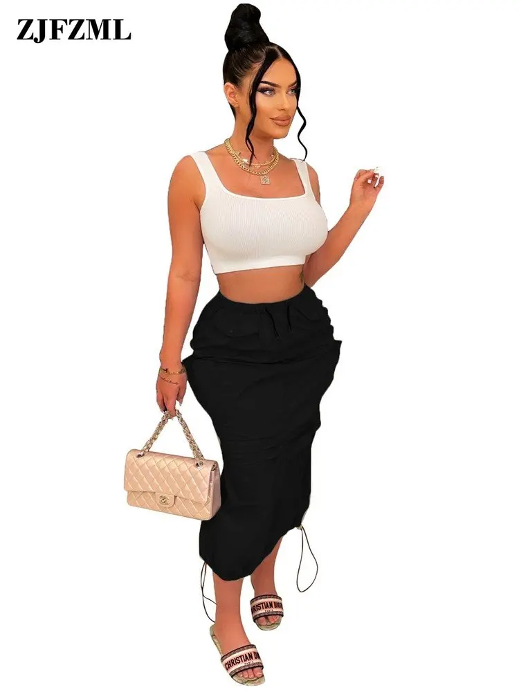 

Summer Casual Empire Waist with Drawstring Skirt Ladies Slant Pockets Package Hip Skirts Simple Bodycon Mid Calf Length Bottoms