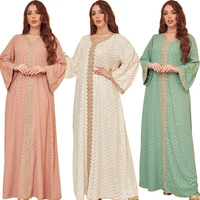 gold stamping jalabiya kaftan dress for women dubai crinkled crepe fabric casual modest robe muslim arab moroccan caftan party